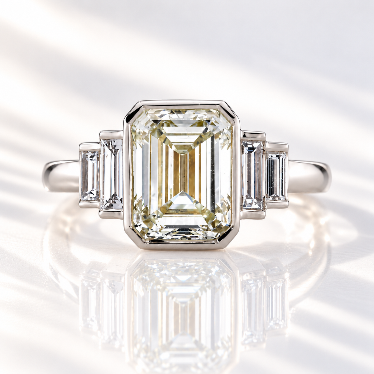 Emerald cut diamond center stone in a white gold bezel setting, flanked by two graduated baguette side stones on each side
