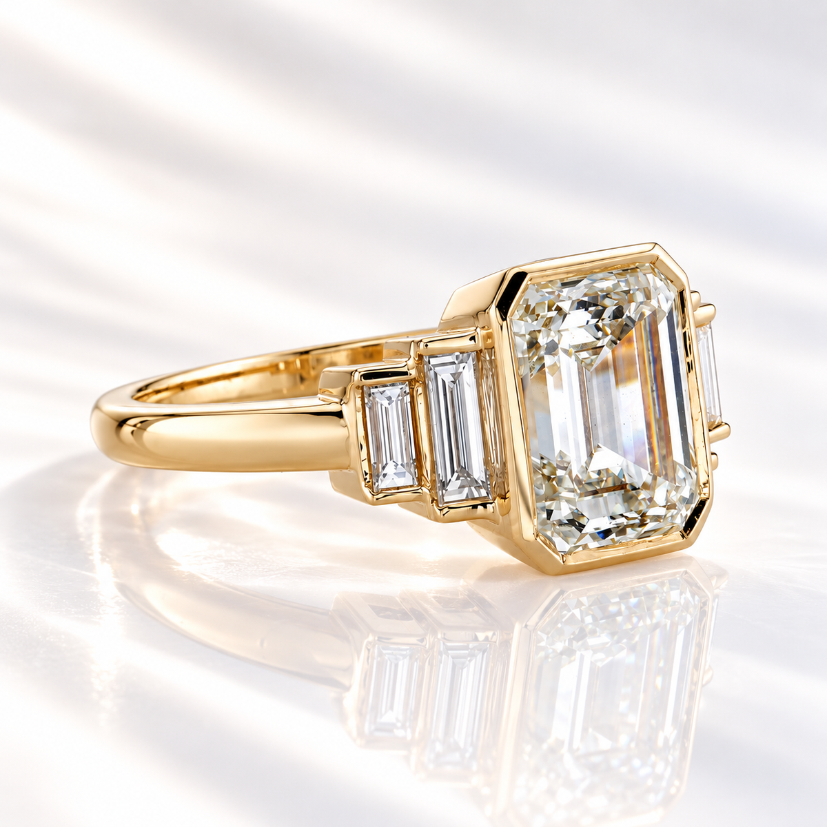 Angled view of an emerald cut diamond center stone in a yellow gold bezel setting with graduated baguette side stones along the shoulders