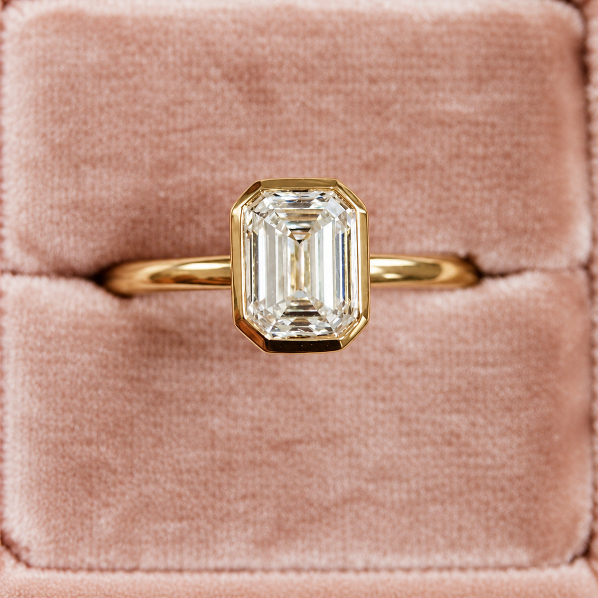 Top view of an emerald cut diamond center stone in a yellow gold bezel setting on a slim polished band