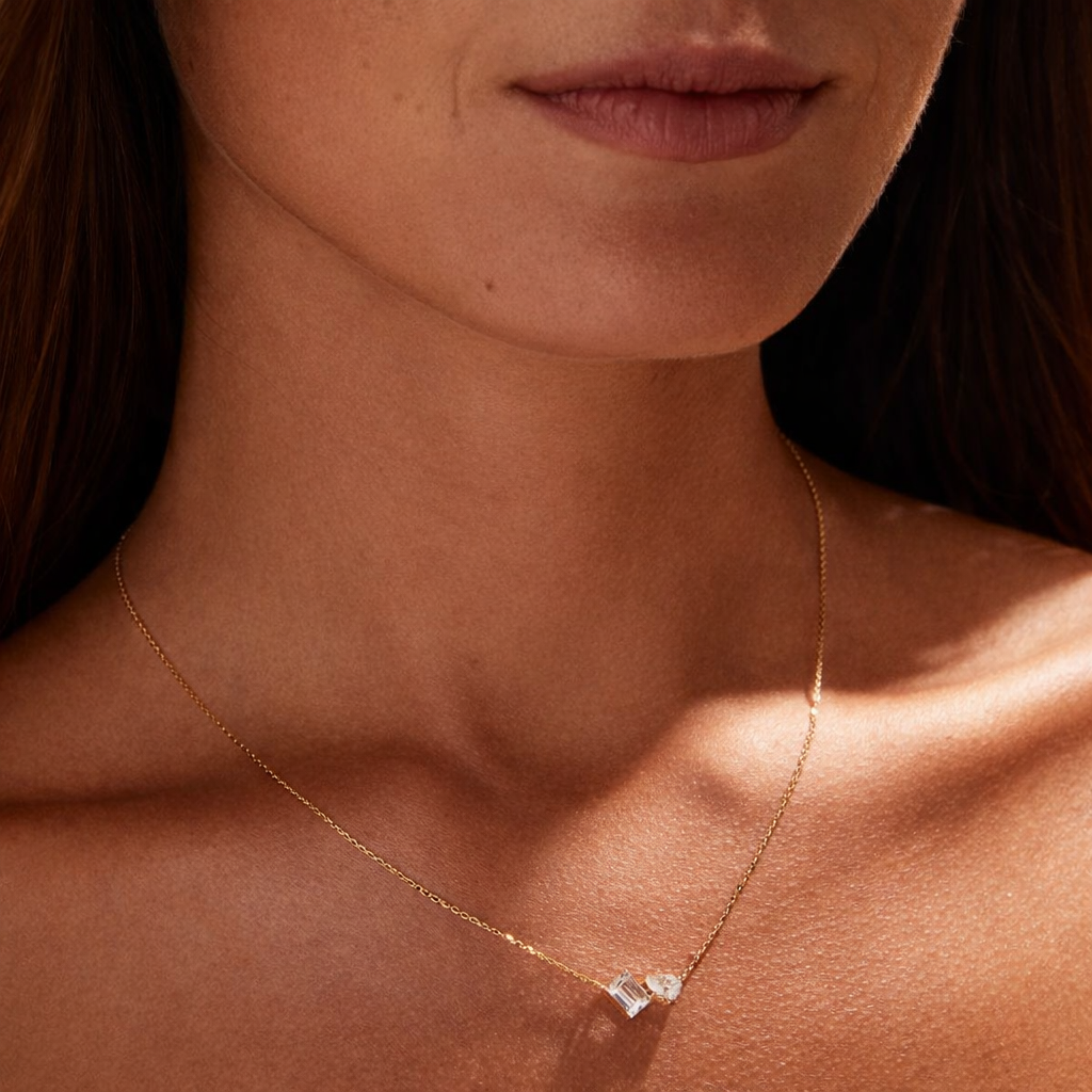 Lab Grown Diamond Pendant In Toi Et Moi Pendant Style With Pear And Emerald Cut Stones
