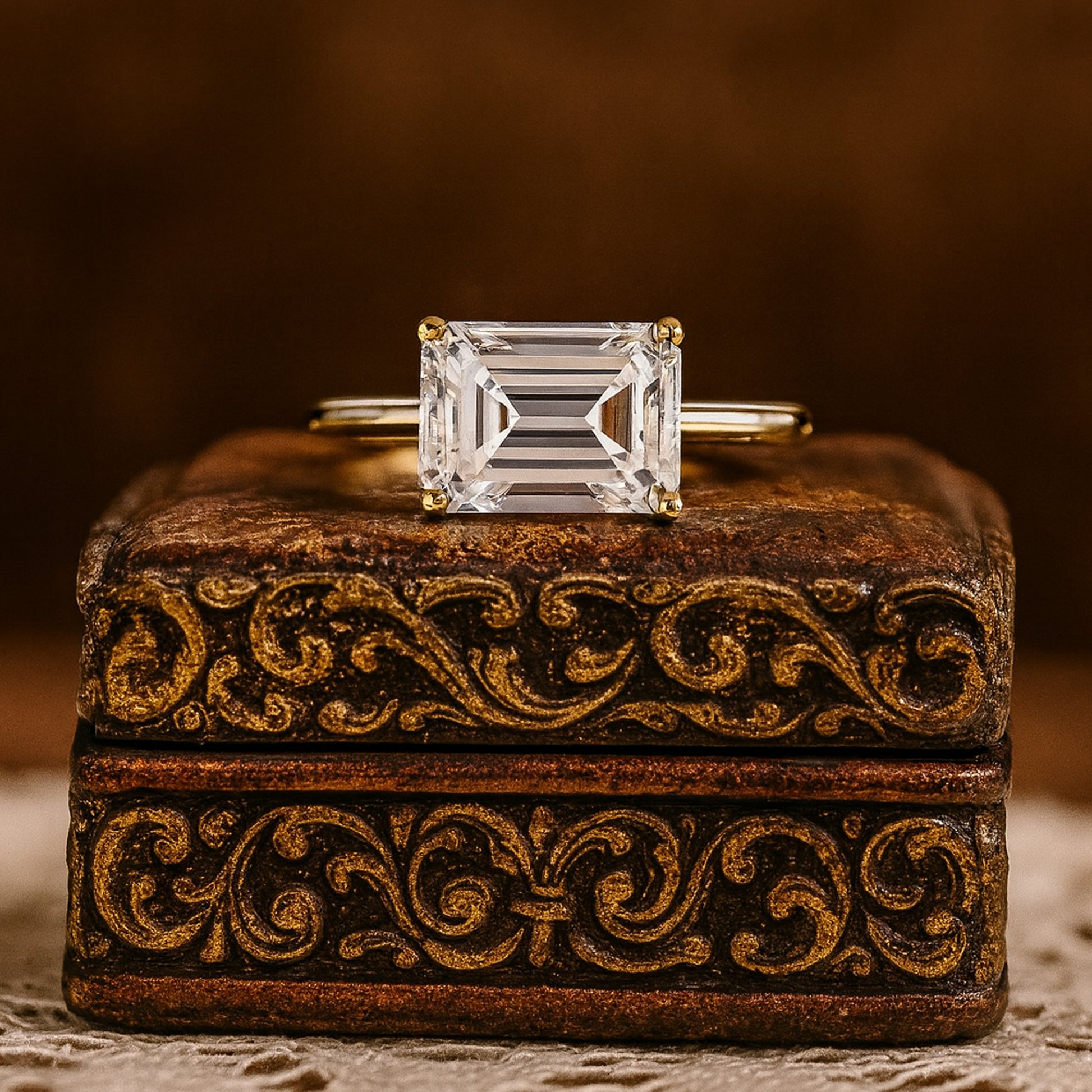 Wedding Ring For Girlfriend Emerald Cut Moissanite Solitaire Ring With Gold Band Sparkling Diamond Alternative