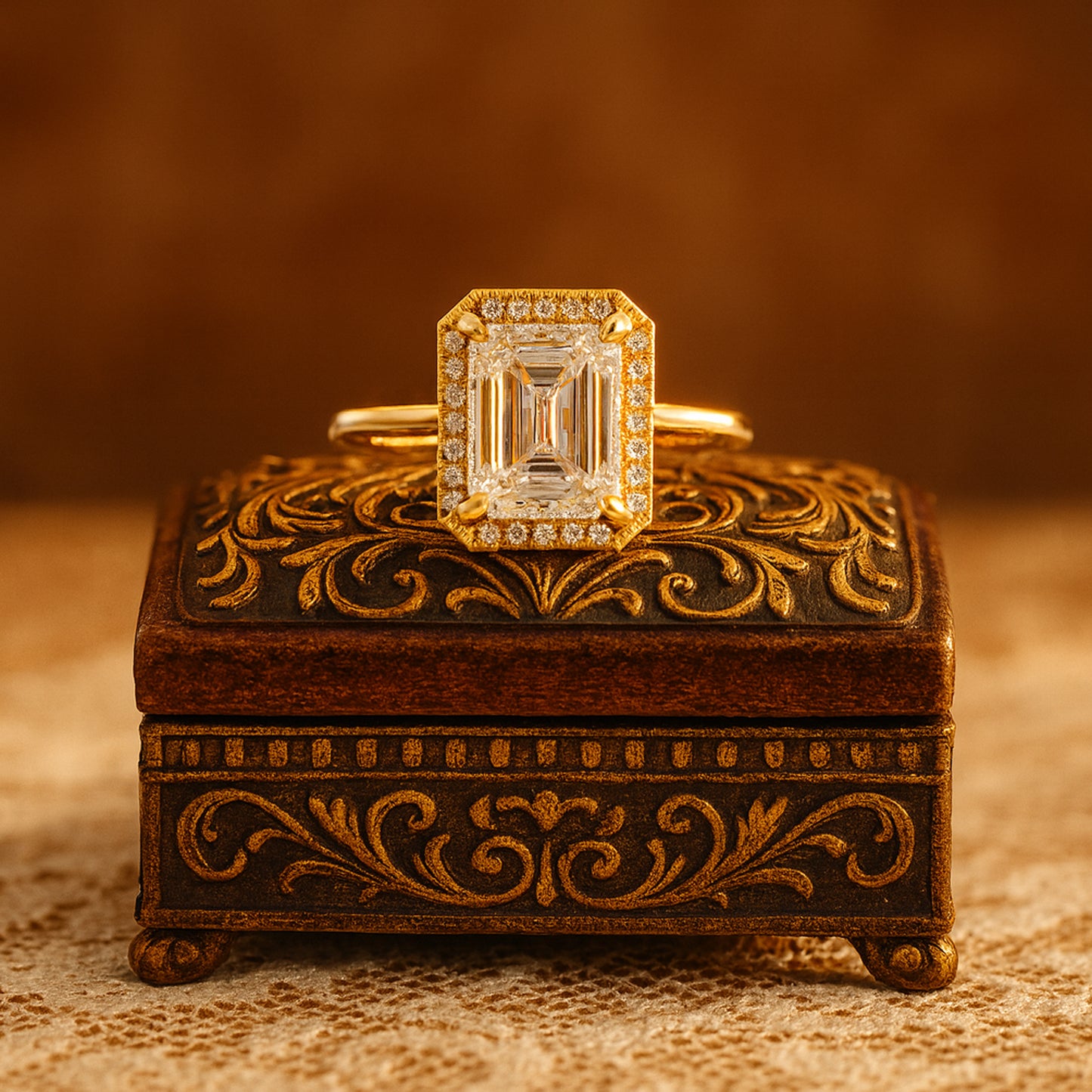 Luxury Emerald Cut Moissanite Halo Ring With Dazzling Pave Diamonds Inspired Accent Setting