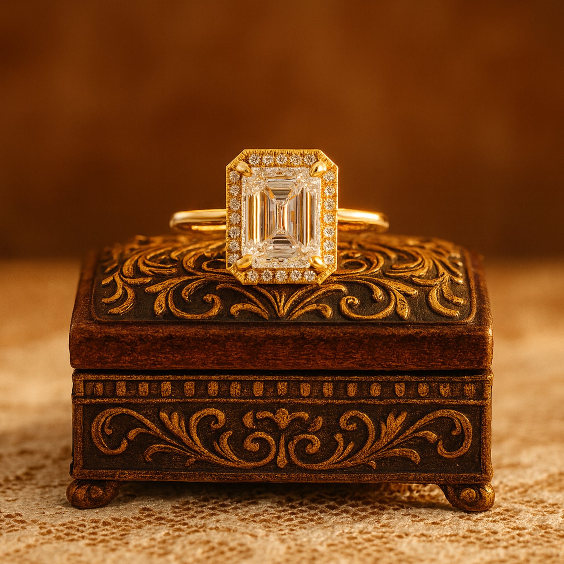 Luxury Emerald Cut Moissanite Halo Ring With Dazzling Pave Diamonds Inspired Accent Setting