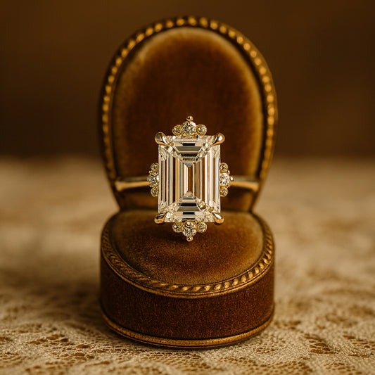 Elegant Emerald Cut Halo Moissanite Engagement Ring In 10K Gold With Diamond-Like Sparkle For Bridal Jewelry Lovers