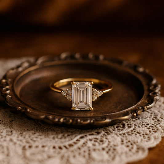 Emerald Cut Moissanite Ring VVS1 Clarity Diamond Alternative With Side Stones Prong Setting
