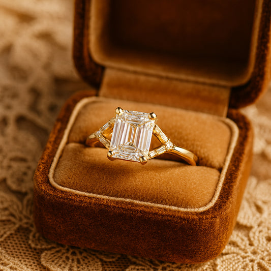 Emerald Cut Moissanite Engagement Ring With Baguette Side Stones And Diamond-Like Sparkle In Yellow Gold Setting