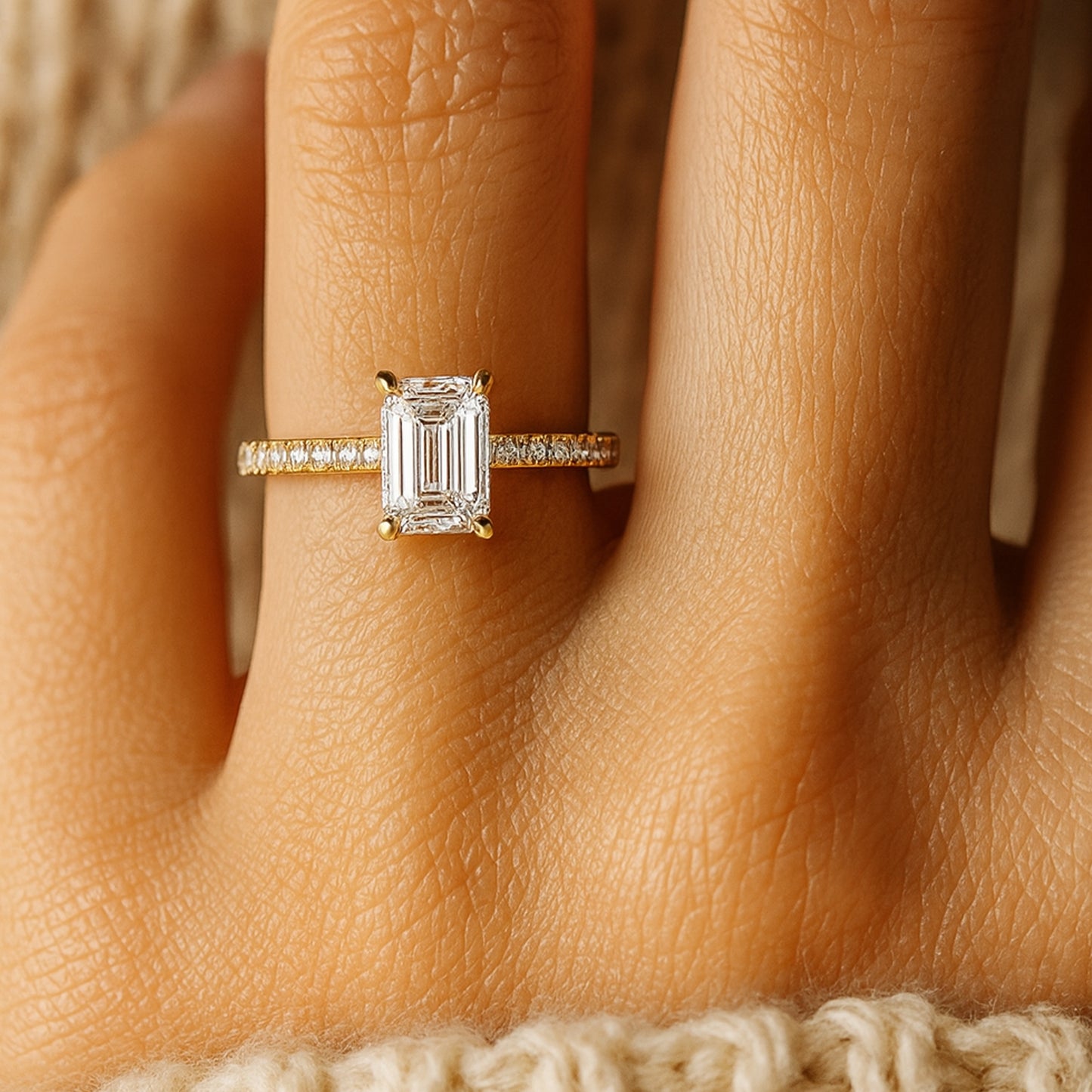 Classic Emerald Cut Moissanite Cathedral Ring With High Set Design And Diamond-Like Radiance