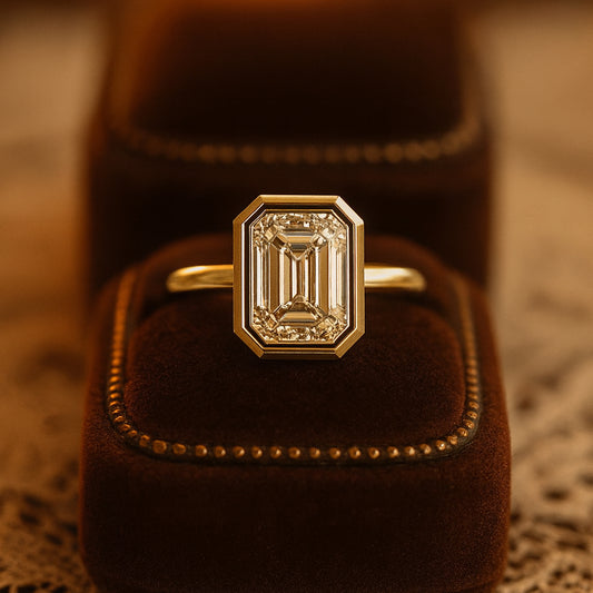 Women's Emerald Cut Bezel Set Moissanite Solitaire Ring In Gold, Elegant And Timeless Engagement Ring Design