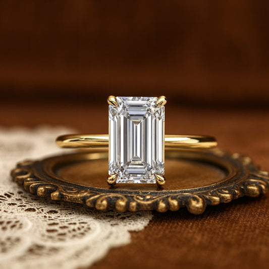 Married Rings for Women Emerald Cut Diamond Solitaire Yellow Gold Ring
