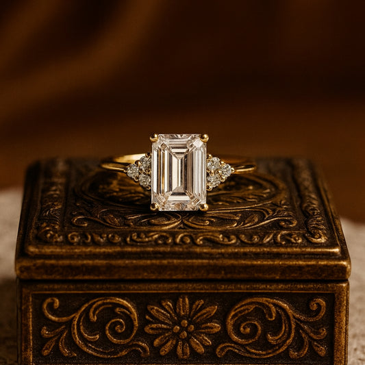 1.50ct Emerald Cut Moissanite Engagement Ring With Side Stone Accents In Gold VVS1 Clarity
