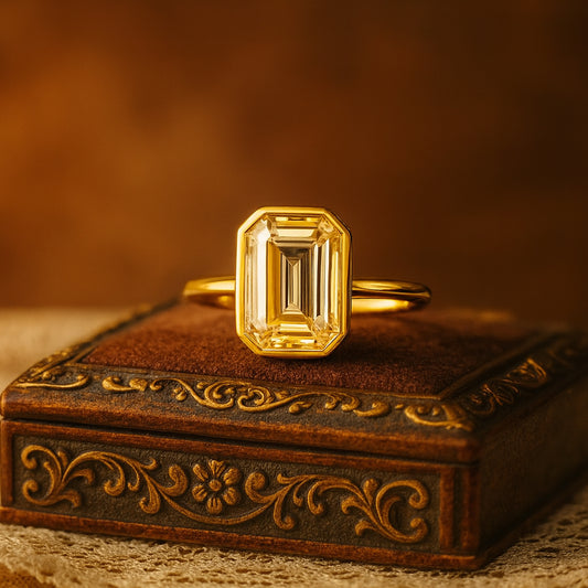 1.50ct Emerald Cut Moissanite Engagement Ring With Bezel Solitaire Setting In Gold VVS1 Clarity
