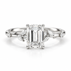 Emerald cut diamond engagement ring in polished silver with marquise and round side stones