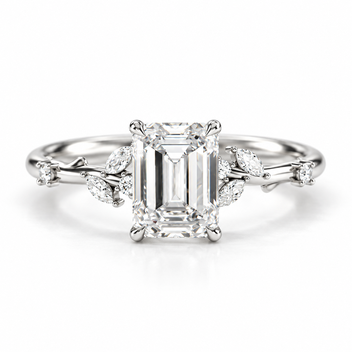 Emerald cut diamond engagement ring in polished silver with marquise and round side stones
