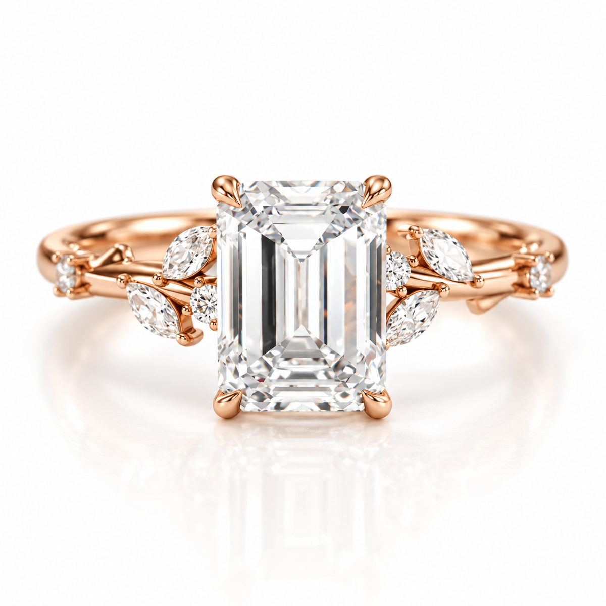 Emerald cut diamond engagement ring in 18K rose gold vermeil with marquise and round side stones