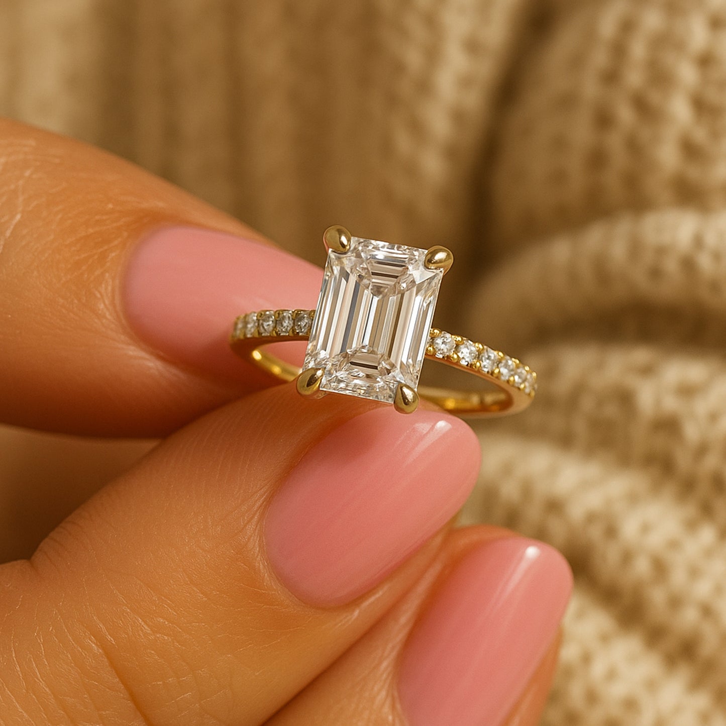Emerald Cut Lab Grown Diamond Engagement Ring Yellow Gold Pavé Band

