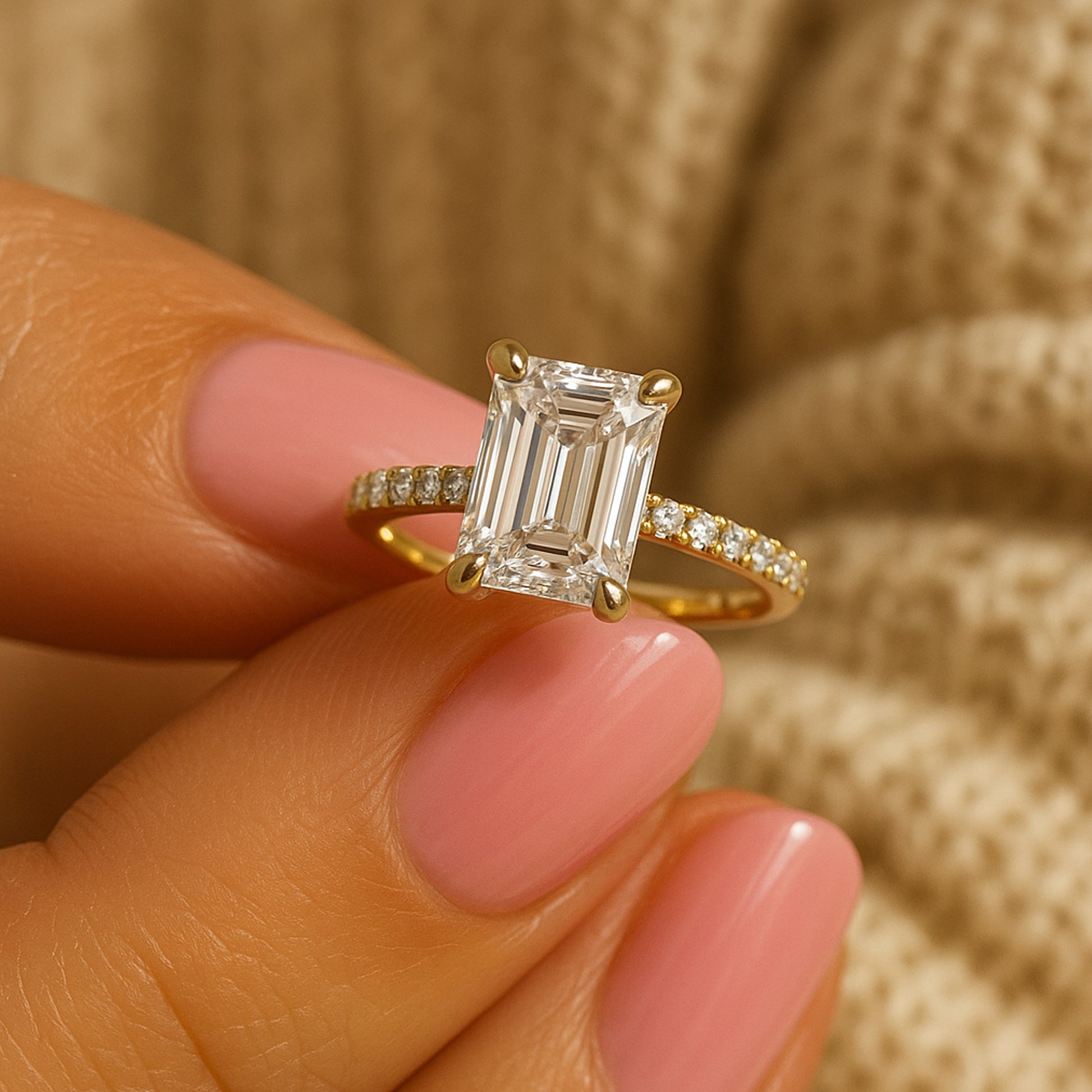 Emerald Cut Lab Grown Diamond Engagement Ring Yellow Gold Pavé Band
