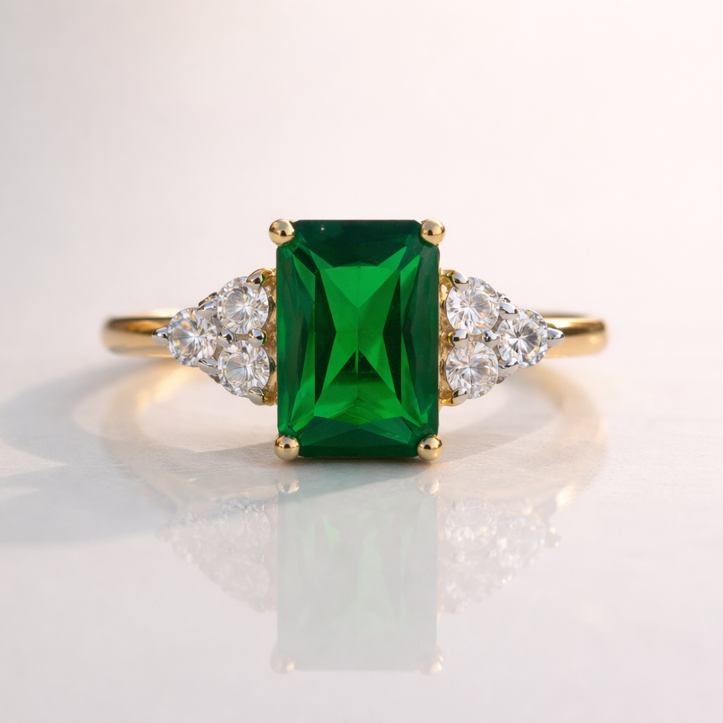Emerald Engagement Ring Green Emerald Ring Four Round Prong Setting.
