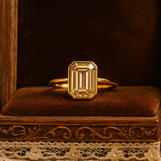 Emerald Cut Moissanite Ring VVS1 Clarity Diamond Alternative Bezel Solitaire Setting In White Gold
