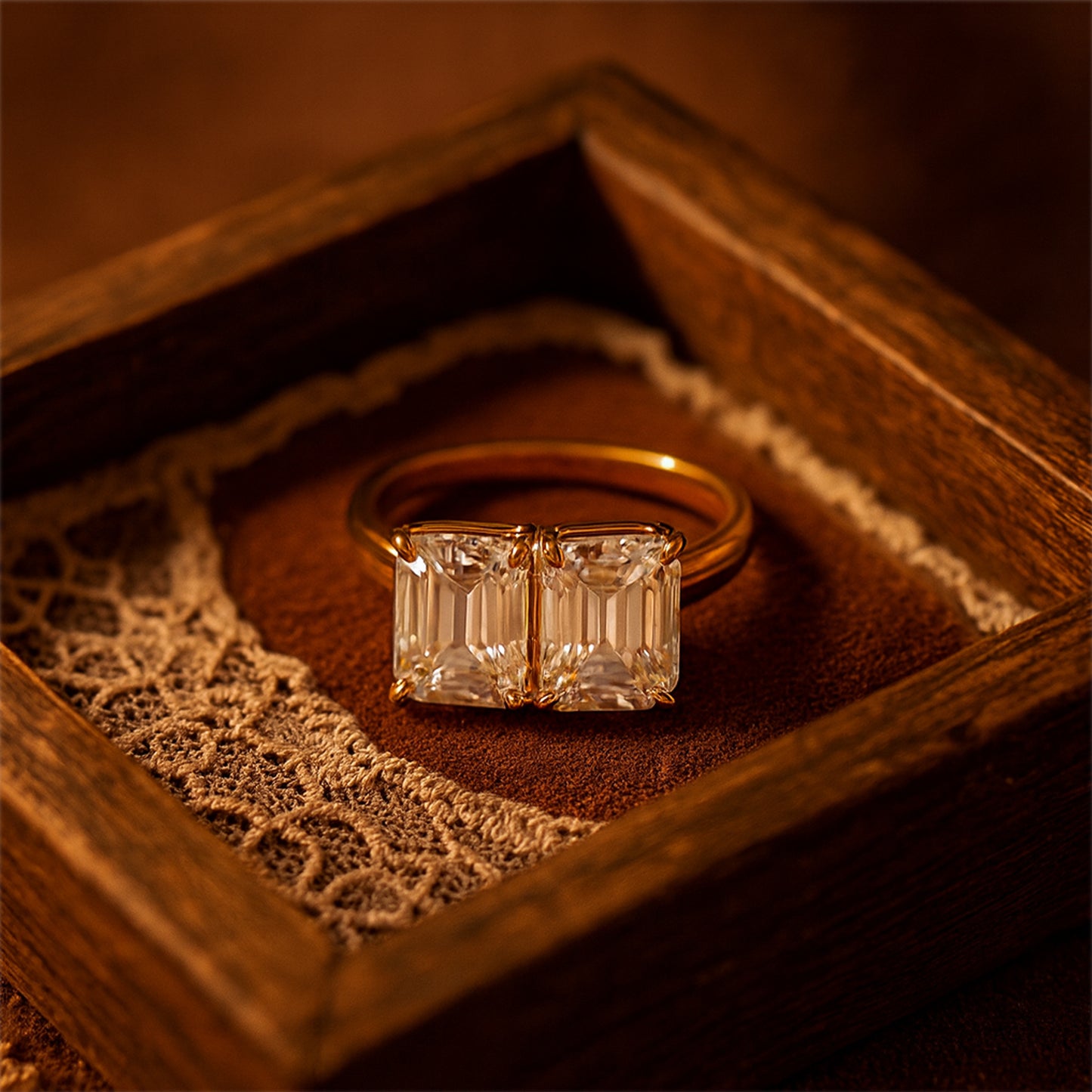 Twin Emerald Cut Diamond Two Stone Ring – Unique Toi et Moi Design in 18K Gold
