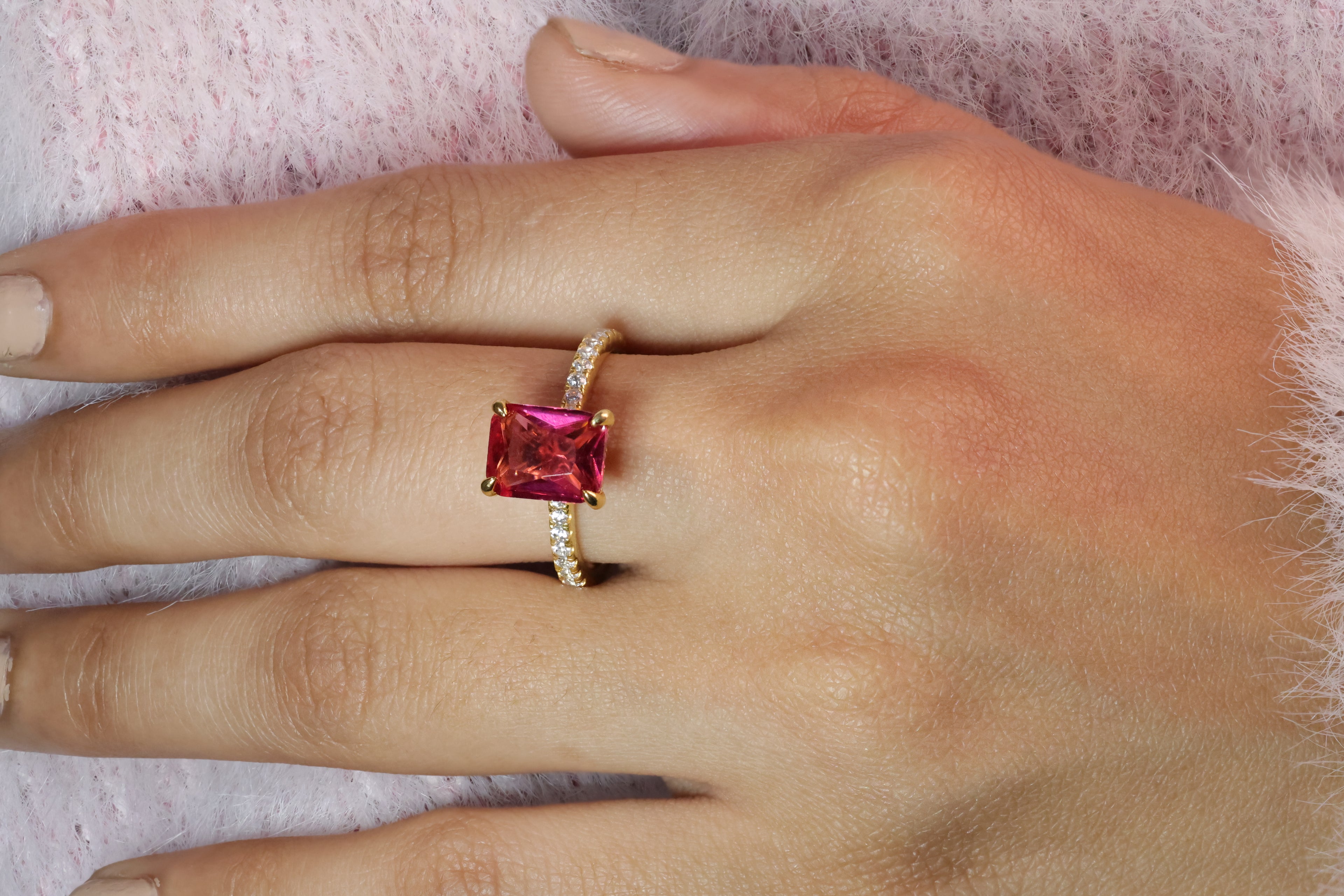 Engagement Ring Hidden Halo Ruby Radiant Cut Diamond Ring Custom Jewelry.
