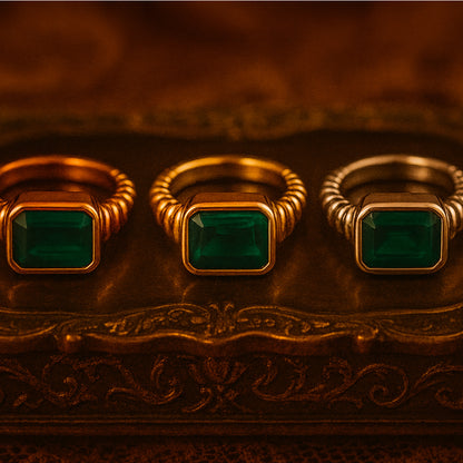 Set Of Gold Emerald Cut Green Stone Rings – Modern Handmade Jewelry In Luxurious Finishes
