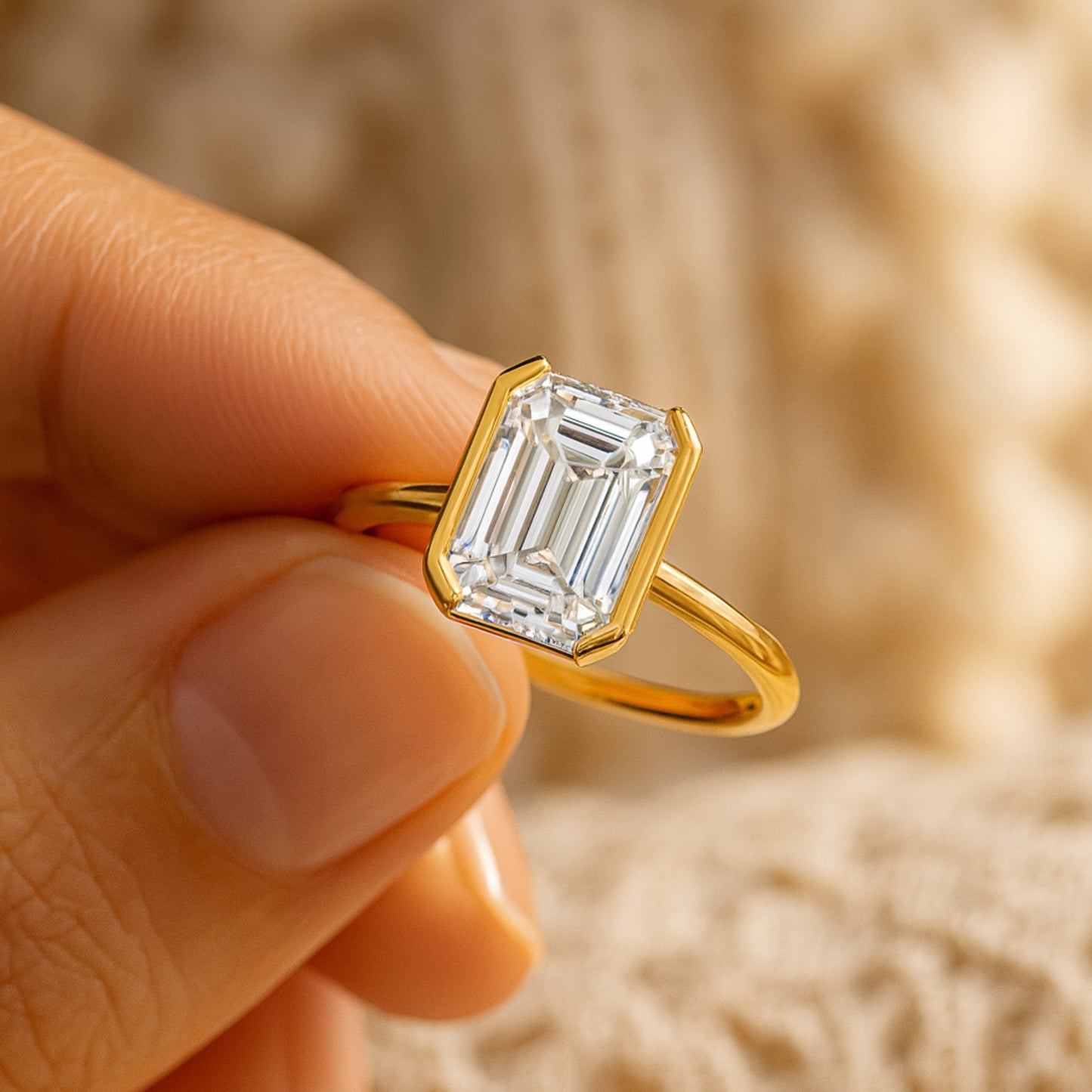 Modern Bezel Set Emerald Cut Diamond Ring in Gold – Minimalist Engagement Design