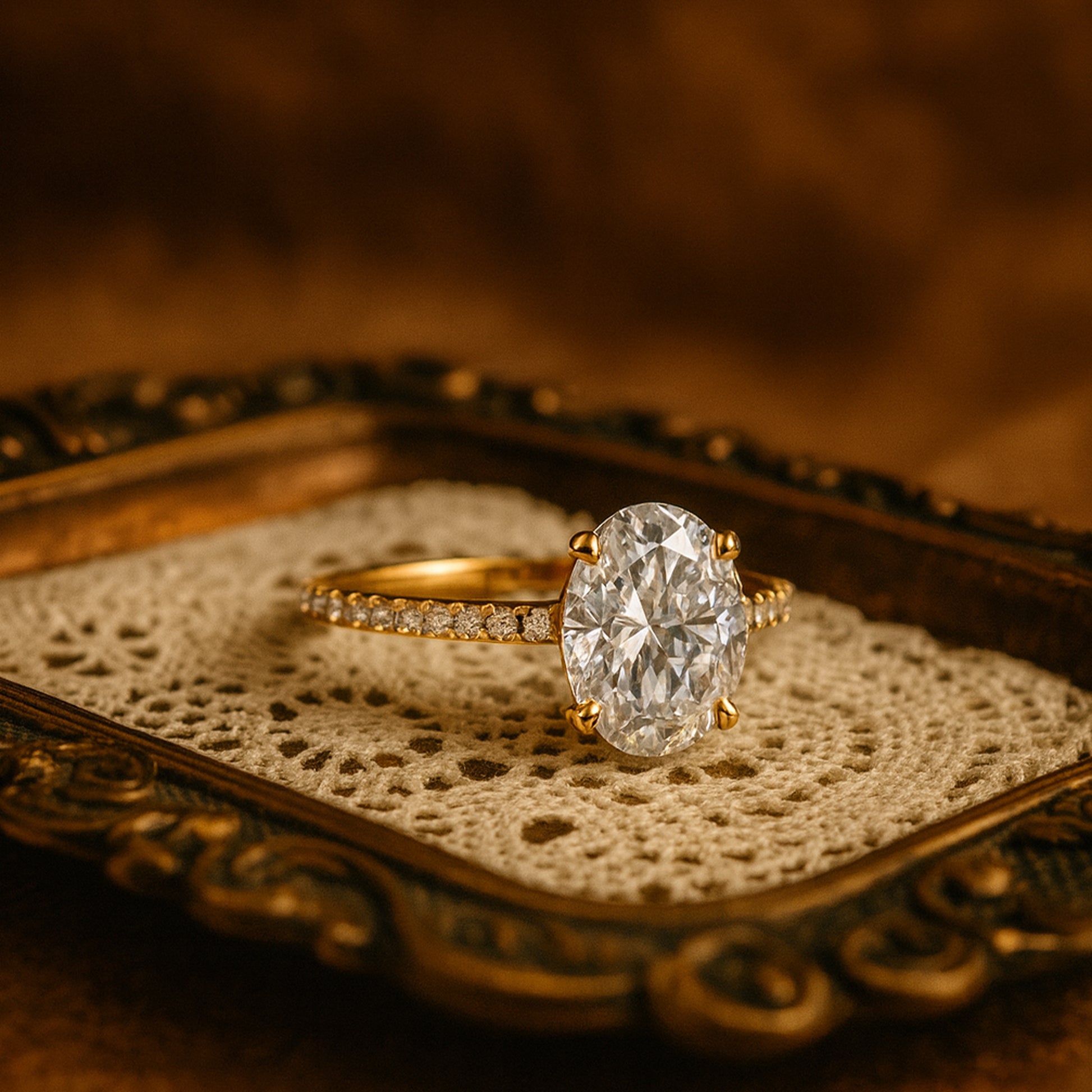Oval Diamond Engagement Ring In Gold, Highlighting A Pavé-Set Band And Oval-Cut Diamond For A Modern Yet Timeless Appeal