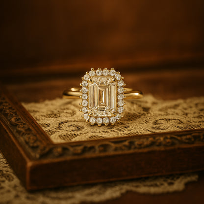 Emerald Cut Moissanite Cocktail Ring With Double Halo Setting - Luxurious Wedding Band Design