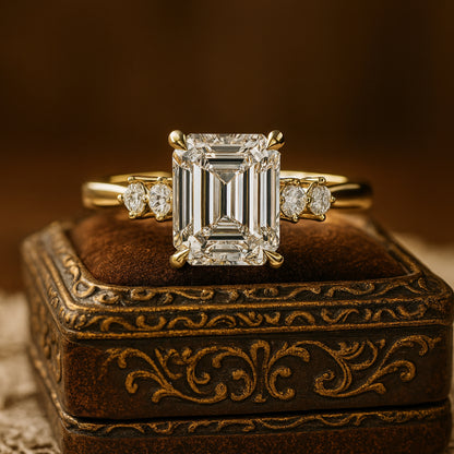 Luxurious Emerald Cut Moissanite Ring Set In Gold With Side Stones, Radiating Classic Elegance And Romantic Appeal.