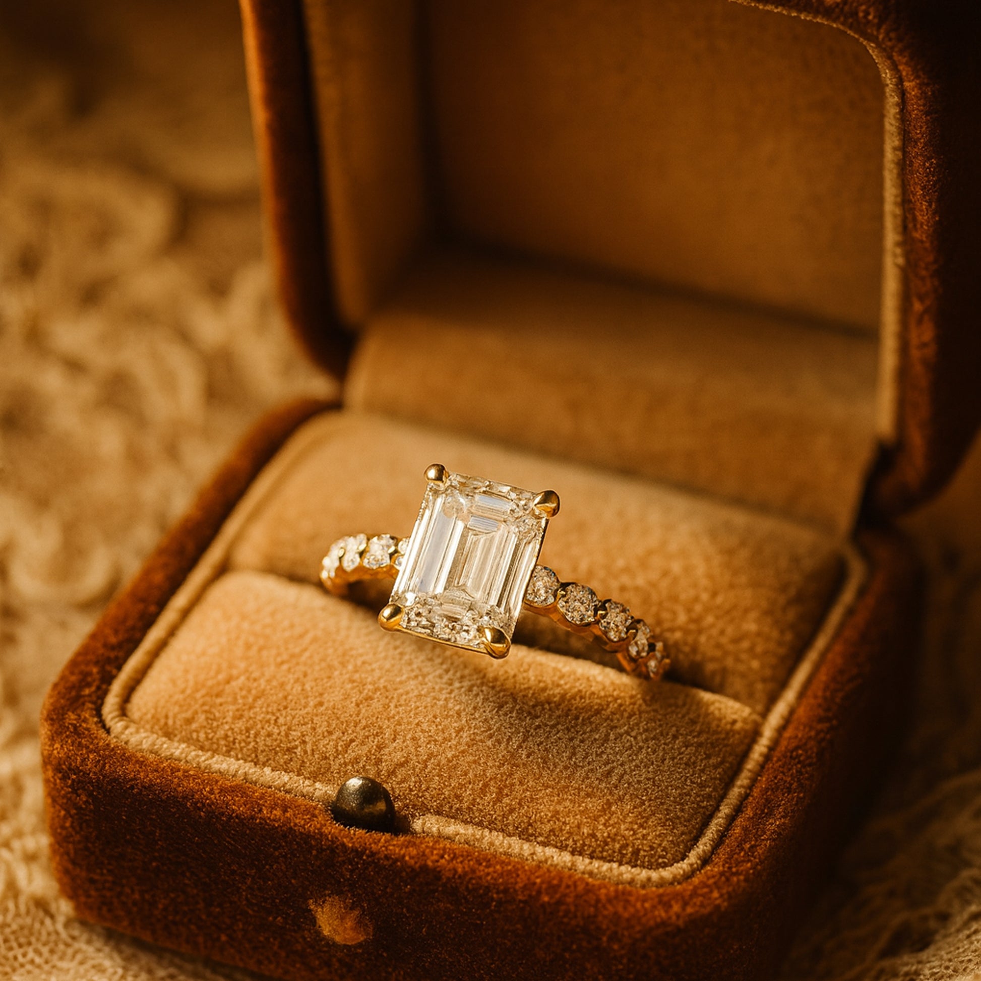 Luxurious Emerald Cut Moissanite Engagement Ring With Vintage Accented Band For A Classic Look
