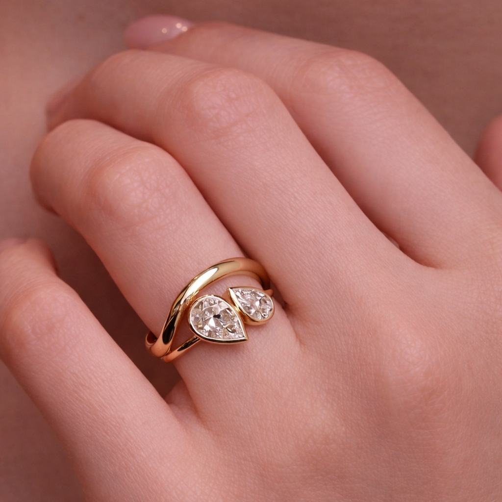 Bezel Pear Engagement Ring Two Stone Pear Cut Diamond Or Moissanite.
