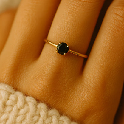 Round Black Onyx Gemstone Ring In Gold, Fine Jewelry With Classic Prong Setting And Timeless Elegant Style