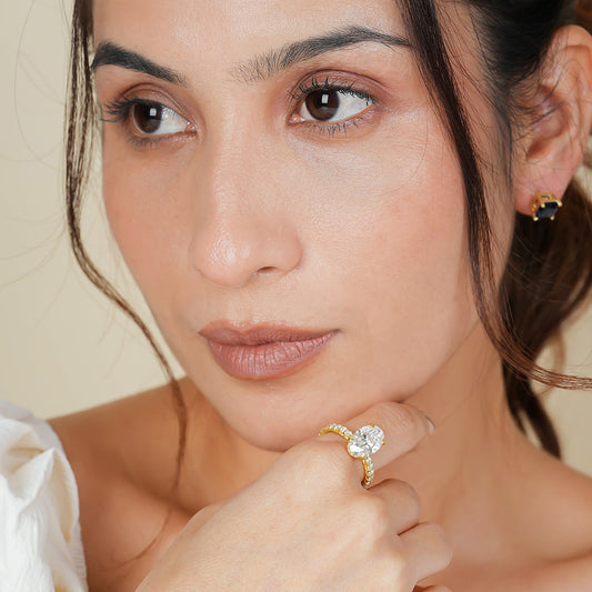 Oval Moissanite Ring, 2 ct Halo Setting Yellow Gold Engagement Fine Jewelry With Elegance