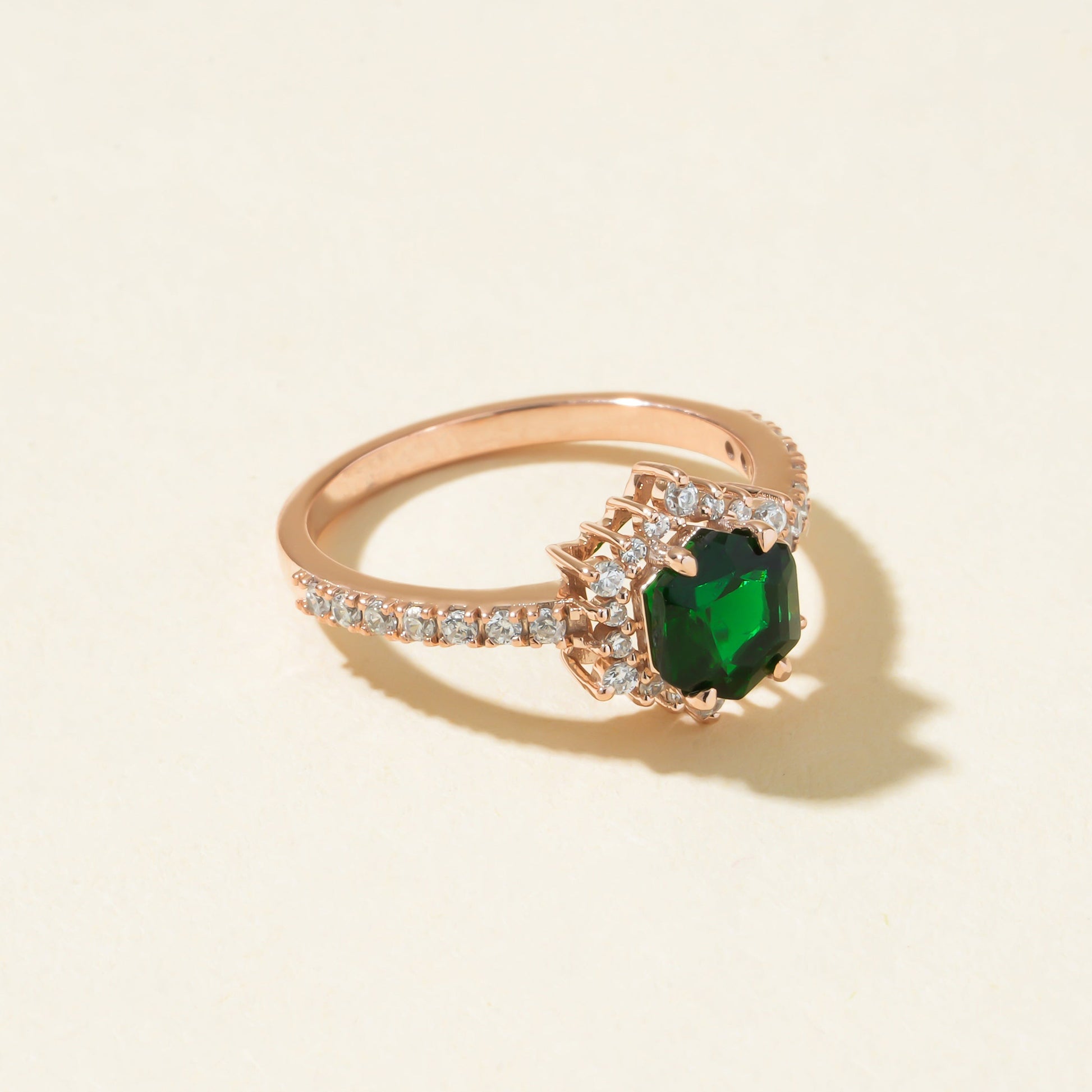 Halo Green Stone Moissanite Ring, Rose Gold Engagement Fine Jewelry With Colorful Accent 