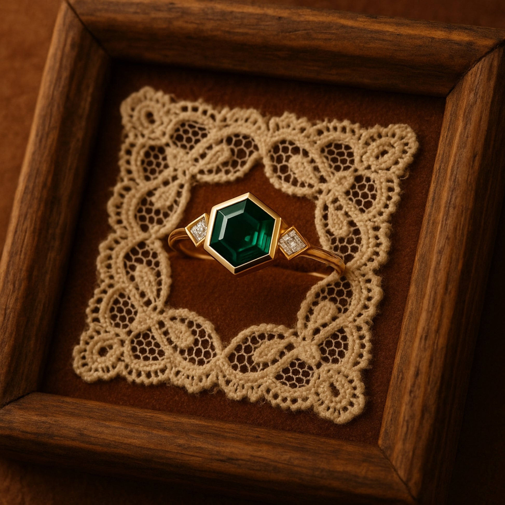 Green Emerald Birthstone Ring, Hexagon Cut Fine Gemstone Jewelry With Diamond Accents And Brilliant Setting