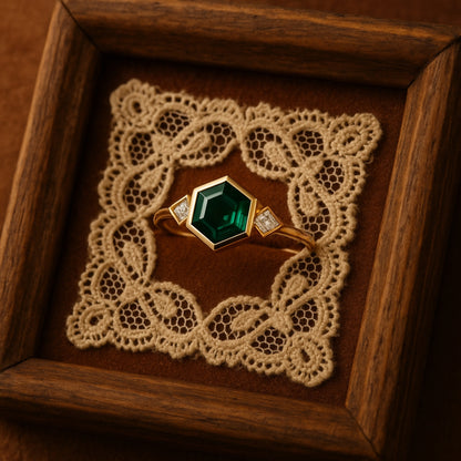 Green Emerald Birthstone Ring, Hexagon Cut Fine Gemstone Jewelry With Diamond Accents And Brilliant Setting