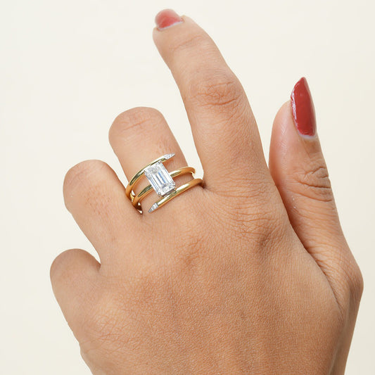 Emerald Cut Moissanite Ring, 1ct Double Band Gold Engagement Fine Jewelry With Elegance