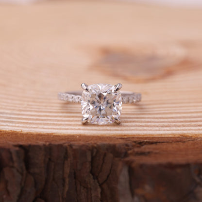 Pave Band Cushion Cut Ring, Moissanite 14K Gold Engagement Fine Jewelry With Brilliant Design 