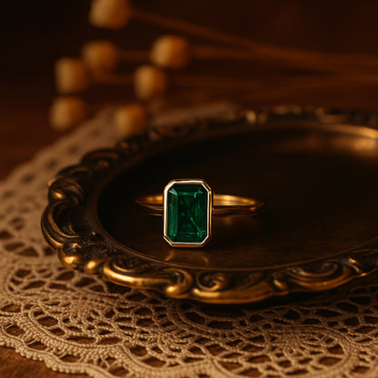 Emerald Cut Green Stone Ring, Birthstone Fine Gemstone Jewelry With 14K Yellow Gold And Vivid Green Color