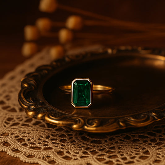 Emerald Cut Green Stone Ring, Birthstone Fine Gemstone Jewelry With 14K Yellow Gold And Vivid Green Color