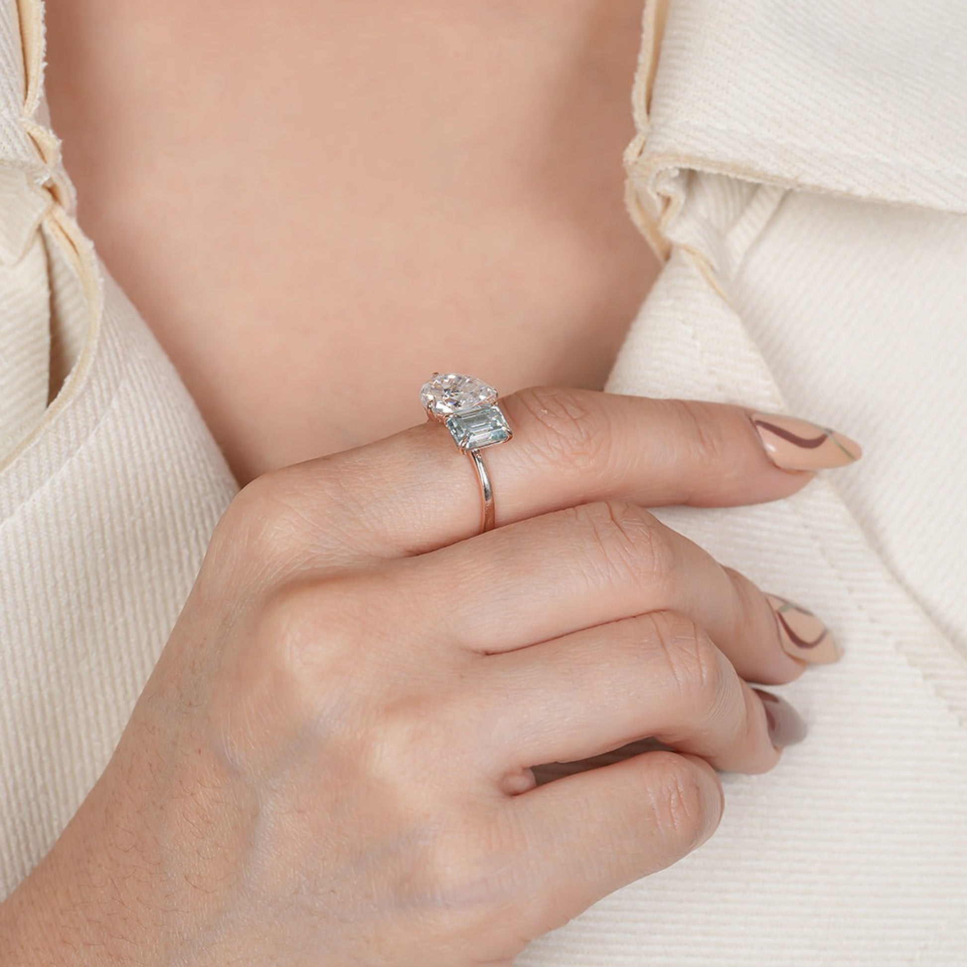 Moissanite Toi Et Moi Ring, Pear & Emerald Rose Gold Fine Jewelry With Brilliance