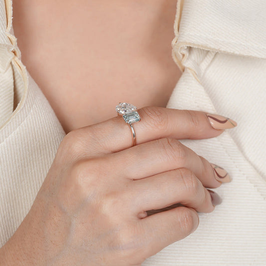 Moissanite Toi Et Moi Ring, Pear & Emerald Rose Gold Fine Jewelry With Brilliance