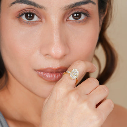 Round Cut Cluster Moissanite Ring, Yellow Gold Engagement Fine Jewelry With Glamour 