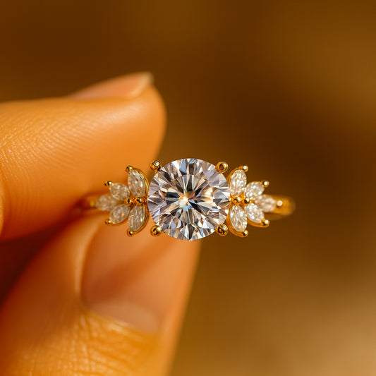 Round Center Marquise Side Stone Wedding Band Ring Anniversary Bridal Jewelry Gift Moissanite Engagement Love