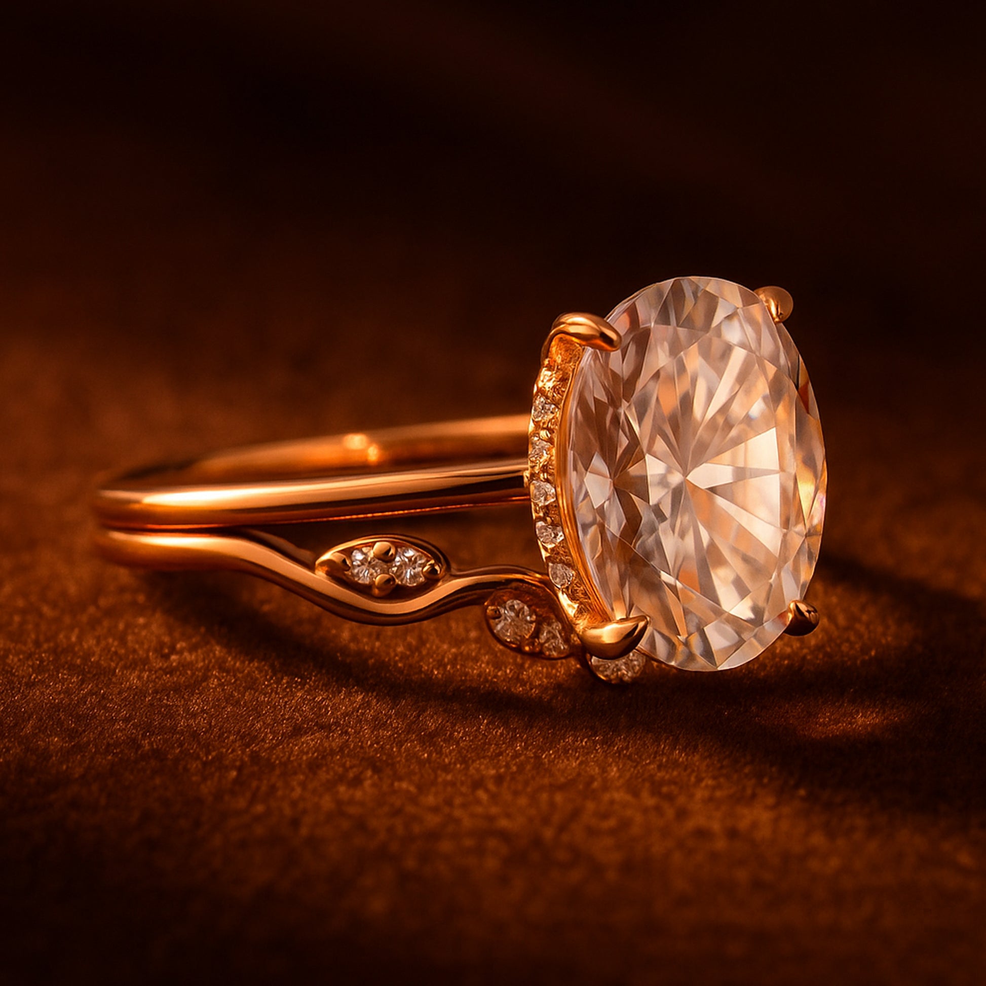 Oval Moissanite Engagement Ring Set On Hand – Classic Rose Gold Vintage Design
