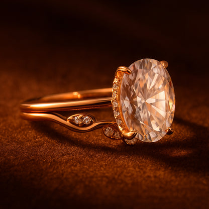 Oval Moissanite Engagement Ring Set On Hand – Classic Rose Gold Vintage Design