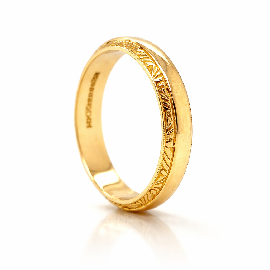 Engraved Wedding Bands Yellow Gold Mens Wedding Band Milgrain Details Ring.
