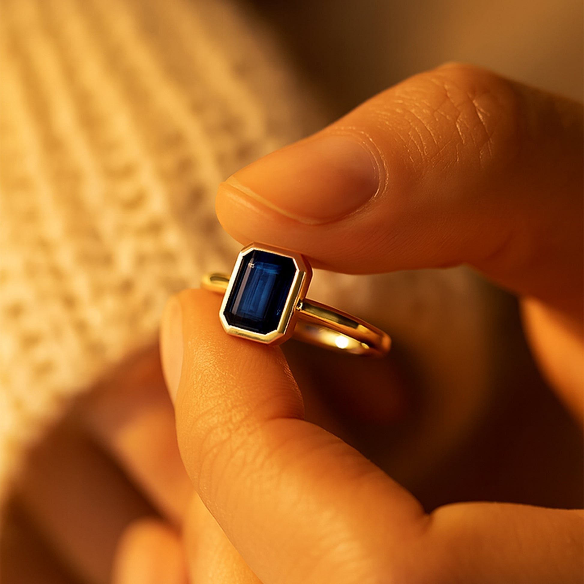 Emerald Cut Blue Sapphire Gold Ring For Women Fine Jewelry