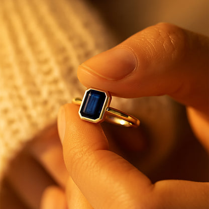 Emerald Cut Blue Sapphire Gold Ring For Women Fine Jewelry