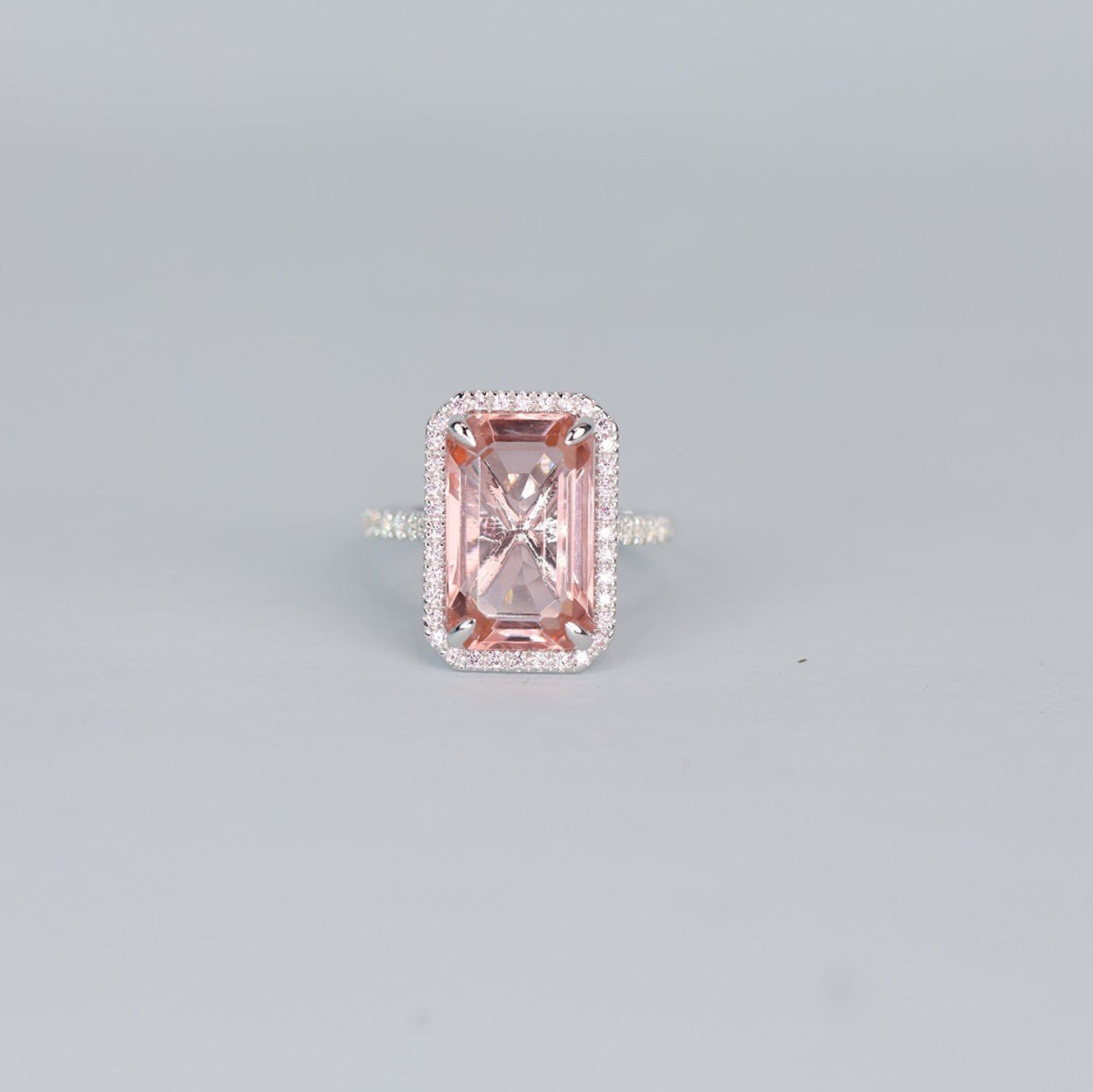 Emerald Cut Pink Morganite Ring, Moissanite Halo 14K Gold Engagement Fine Jewelry With Style
